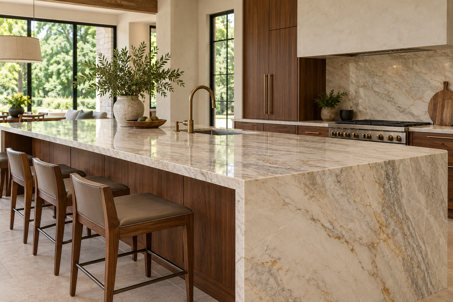 Sunlit kitchen with a natural stone waterfall island and warm wood cabinetry